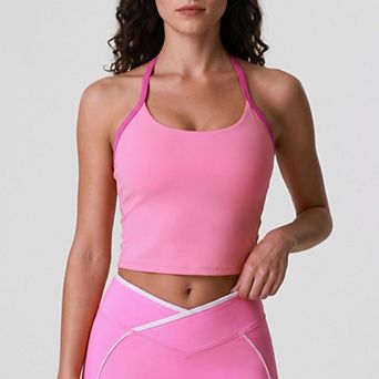 Women's Padded Halter Sports Bra Tank Top Contrast Trim Workout Yoga Crop Top
