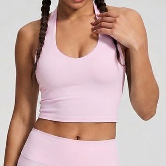 Women's Padded Halter Longline Sports Bra Tank Top Scoop Neck Workout Yoga Crop Top