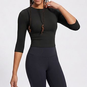 Women's Elbow Sleeve Workout Top Crew Neck Fitted Crop Yoga Activewear Shirt