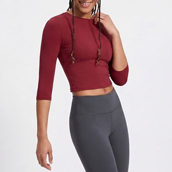 Women's Elbow Sleeve Workout Top Crew Neck Fitted Crop Yoga Activewear Shirt