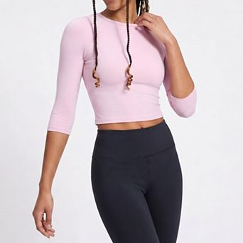 Women's Elbow Sleeve Workout Top Crew Neck Fitted Crop Yoga Activewear Shirt