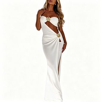 Women 3 pc Swim Set Metal Decor Bandeau Bikini Brief One Shoulder Cutout Split Maxi Cover Up
