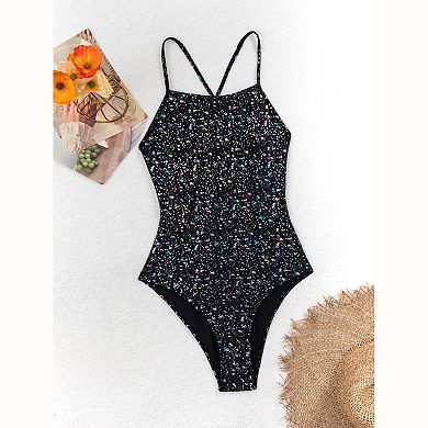 Women Holographic Speckle One Piece Swimsuit Square Neck Criss Cross Back Thin Adjustable Straps