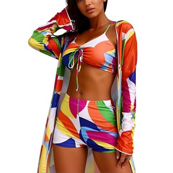 Women Rainbow Abstract Leaf 3 pc Swim Set Drawstring Bikini Boyshort Long Sleeve Cover Up