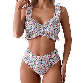 Women Ditsy Floral Ruffle Bikini Set Adjustable Frill Strap Back Clasp High Cut High Waist Brief