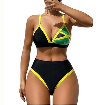 Women Color Block Triangle Bikini Set Adjustable Cross Back Strap High Cut Contrast Trim Swim Brief