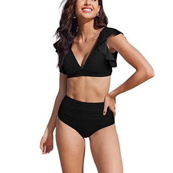 Women Ruffle Cap Sleeve Bikini Set Wrap V Neck U Back Ruched High Waist High Cut Brief