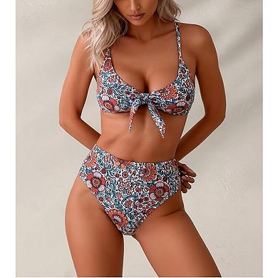 Women Vintage Floral Front Tie Bikini Set Adjustable Thin Strap U Back High Waist High Cut Brief