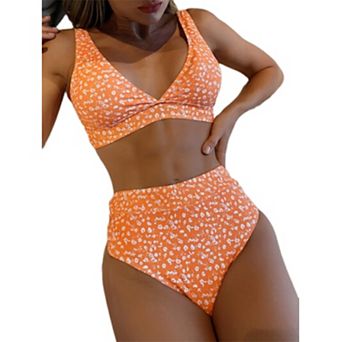 Women Ditsy Floral Wide Strap Bikini Set Wrap V Neck U Back High Waist High Cut Brief