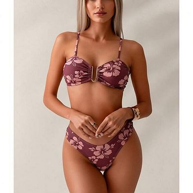 Women Hibiscus Print U Metal Accent Bikini Set Adjustable Thin Strap High Cut Brief
