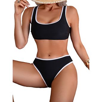 Women Contrast Piping Square Neck Bikini Set Wide Strap U Back High Cut Brief