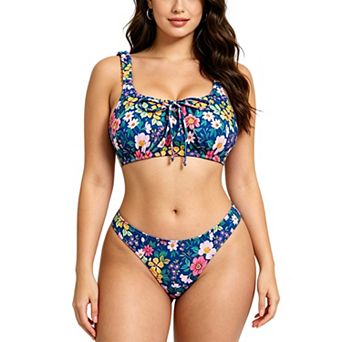 Women Multi Floral Ruched Strap Bikini Set Square Neck Front Tie High Cut Brief