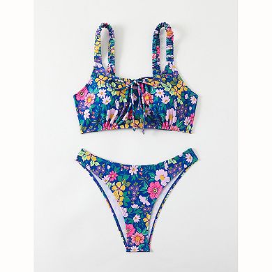 Women Multi Floral Ruched Strap Bikini Set Square Neck Front Tie High Cut Brief