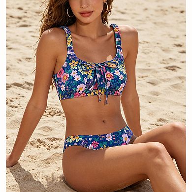 Women Multi Floral Ruched Strap Bikini Set Square Neck Front Tie High Cut Brief