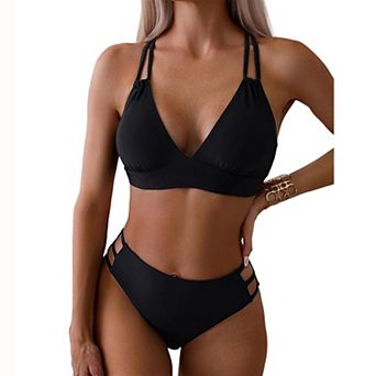 Women Double Thin Strap Cross Back Bikini Set V Neck Side Cutout High Waist Brief
