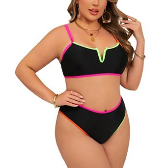 Women Neon Contrast Trim Notch V Bikini Set Mismatch Adjustable Straps High Cut Brief