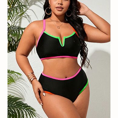 Women Neon Contrast Trim Notch V Bikini Set Mismatch Adjustable Straps High Cut Brief