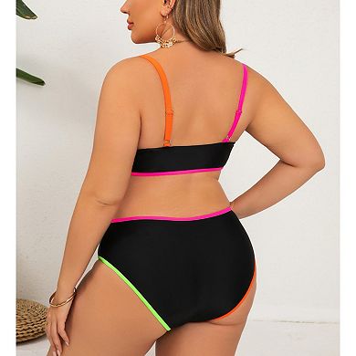 Women Neon Contrast Trim Notch V Bikini Set Mismatch Adjustable Straps High Cut Brief