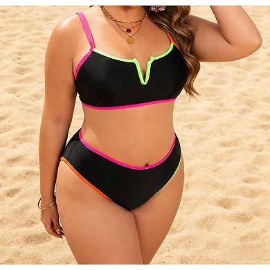 Women Neon Contrast Trim Notch V Bikini Set Mismatch Adjustable Straps High Cut Brief