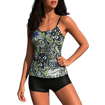 Women Abstract Print Tankini Set Adjustable Thin Strap Scoop Neck Boyshort Swim Bottom