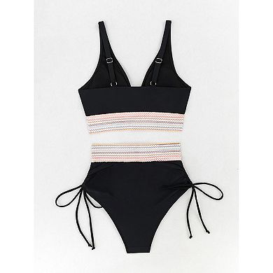 Women Wavy Smocked Band Bikini Set Deep V Adjustable Strap Side Tie High Cut Brief