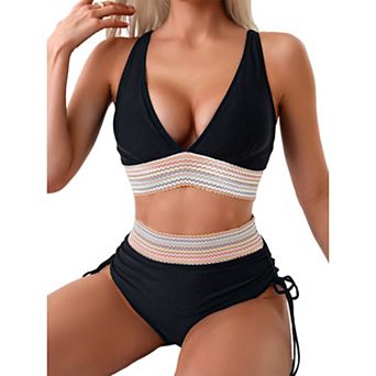 Women Wavy Smocked Band Bikini Set Deep V Adjustable Strap Side Tie High Cut Brief