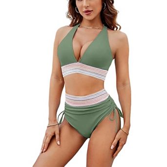 Women Wavy Smocked Band Bikini Set Deep V Adjustable Strap Side Tie High Cut Brief