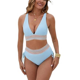 Women Wavy Smocked Band Bikini Set Deep V Adjustable Strap Side Tie High Cut Brief