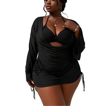 Women 4 pc Swim Set Halter Bikini Brief Ruched Skirt Bell Sleeve Mesh Beach Cover Up
