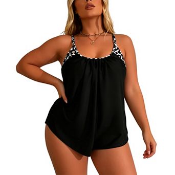 Women Leopard Trim Tankini Gathered Scoop Neck Adjustable Strap Flowy Top Brief Swim Set