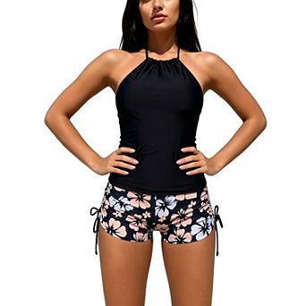 Women Solid Halter Tankini Set Gathered Neck Sides Drawstring Floral Print Boyshort Swim Bottoms