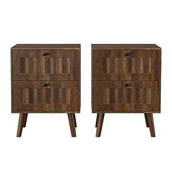 Set of 2 Double-Drawer Bedside Tables with Solid Wood Legs