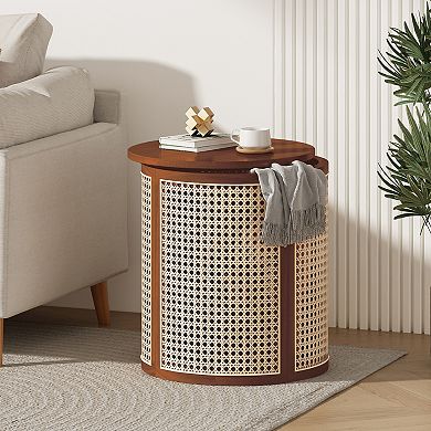 15.7" Round Woven Rattan Side Table