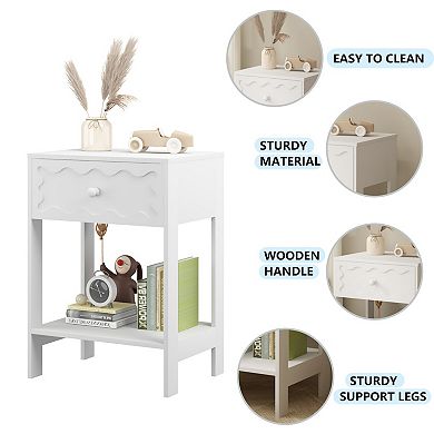 Wave Pattern Nightstand with Drawer & Open Shelf