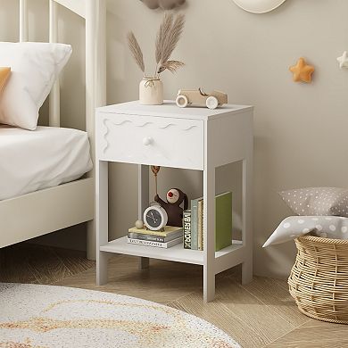 Wave Pattern Nightstand with Drawer & Open Shelf