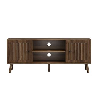 55" TV Stand with Vertical Groove Doors, Adjustable Storage Shelves for Living Room