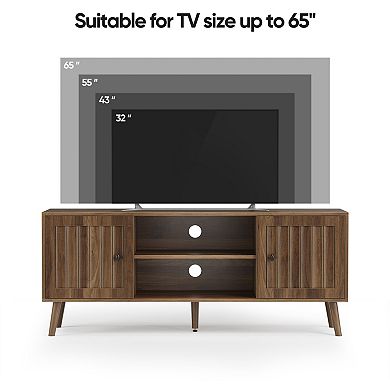 55" TV Stand with Vertical Groove Doors, Adjustable Storage Shelves for Living Room