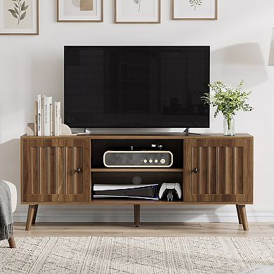 55" TV Stand with Vertical Groove Doors, Adjustable Storage Shelves for Living Room