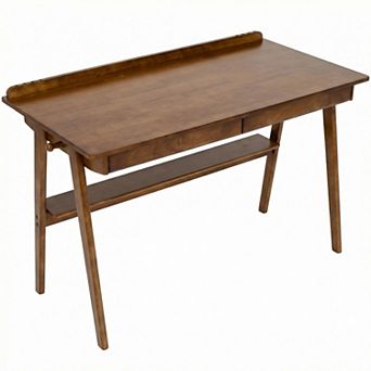 Solid Wood Writing Desk with 2 Drawers & Storage Shelf