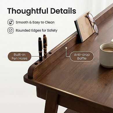 Solid Wood Writing Desk with 2 Drawers & Storage Shelf