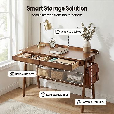 Solid Wood Writing Desk with 2 Drawers & Storage Shelf