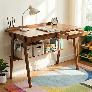 Solid Wood Writing Desk with 2 Drawers & Storage Shelf