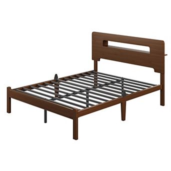 HOMZENE Bed Frame, Solid Wood Platform Bed with Hollow Cut-out Headboard, Easy Assembly