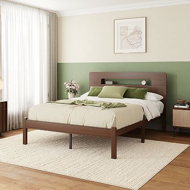 HOMZENE Bed Frame, Solid Wood Platform Bed with Hollow Cut-out Headboard, Easy Assembly