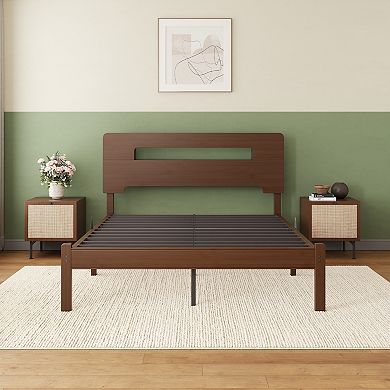 HOMZENE Bed Frame, Solid Wood Platform Bed with Hollow Cut-out Headboard, Easy Assembly