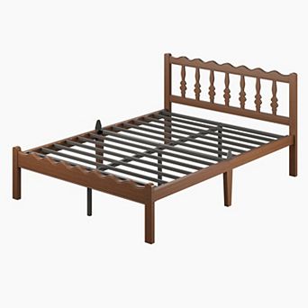 HOMZENE Bed Frame, Solid Wood Platform Bed with Curved Wave Headboard, No Box Spring Needed
