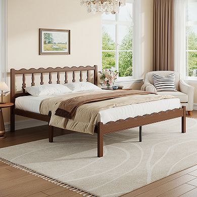 HOMZENE Bed Frame, Solid Wood Platform Bed with Curved Wave Headboard, No Box Spring Needed