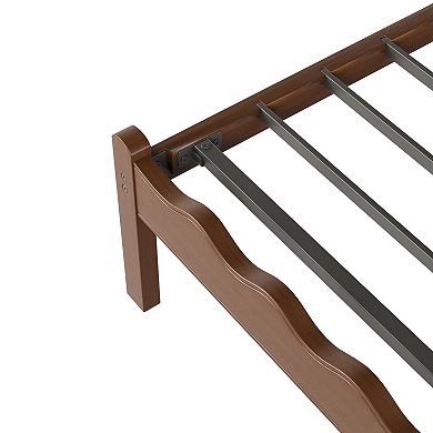 HOMZENE Bed Frame, Solid Wood Platform Bed with Curved Wave Headboard, No Box Spring Needed
