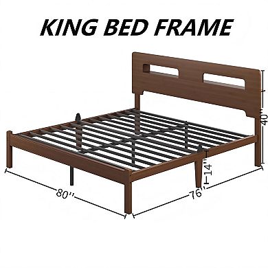 HOMZENE Bed Frame, Solid Wood Platform Bed with Curved Wave Headboard, No Box Spring Needed