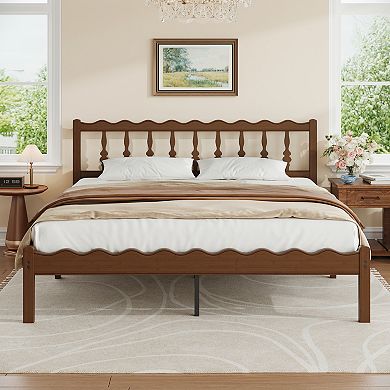 HOMZENE Bed Frame, Solid Wood Platform Bed with Curved Wave Headboard, No Box Spring Needed